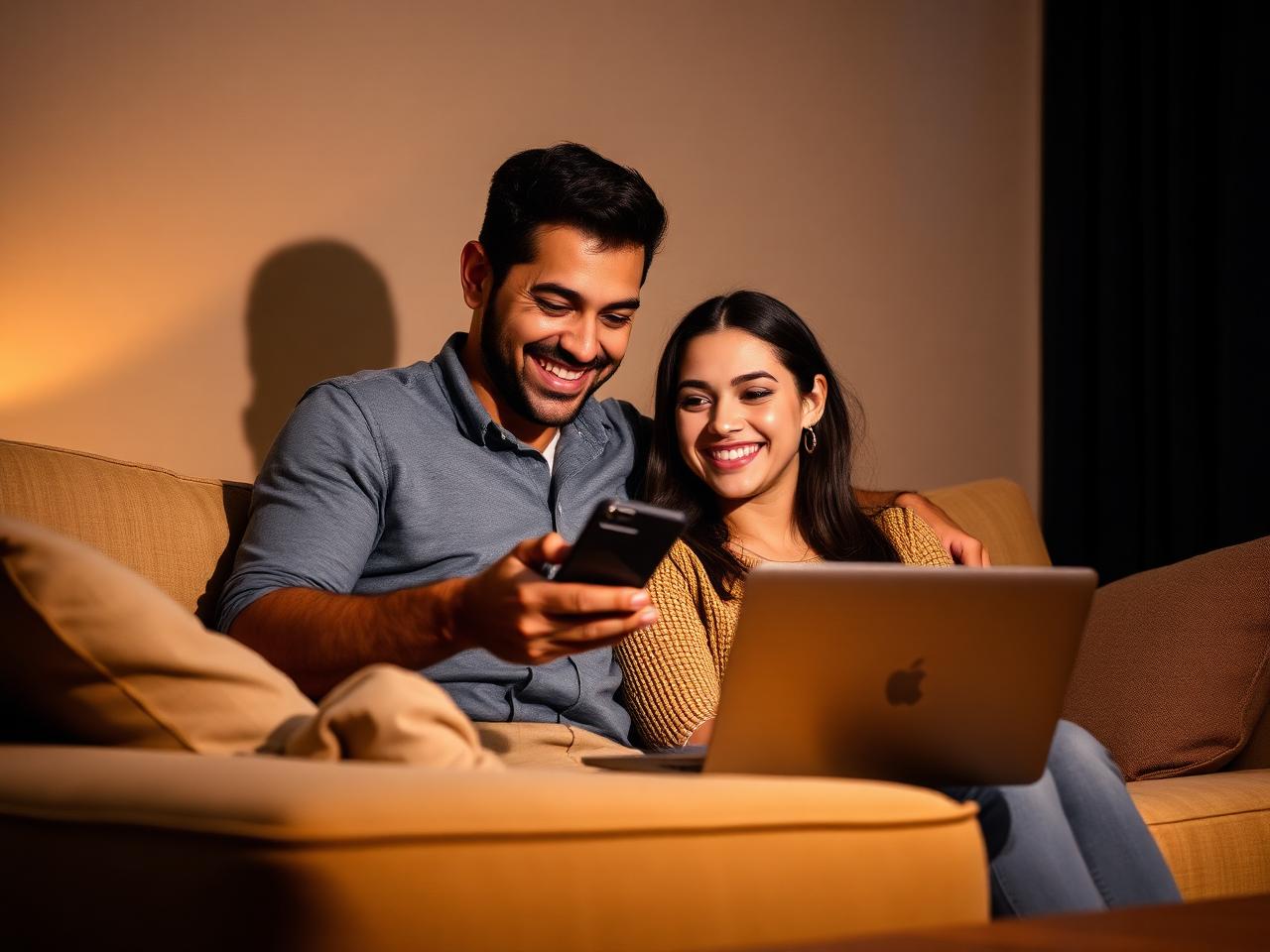 Casal sorrindo observando a tela de um laptop